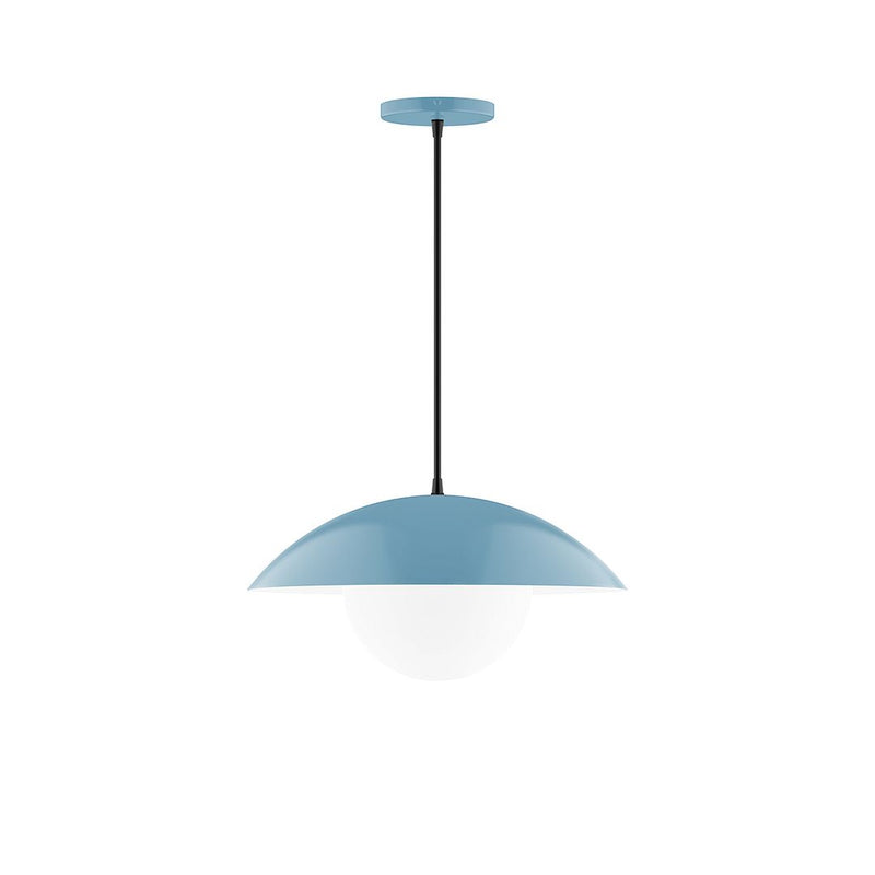 Light blue glass globe pendant light with black stem