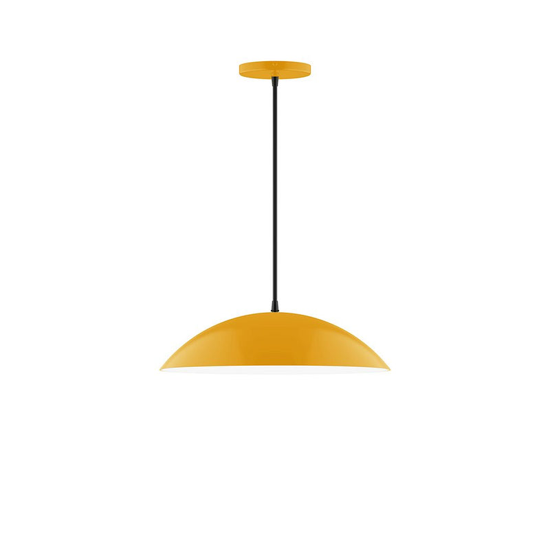 16 in pendant light with bright yellow dome shade and black cord.