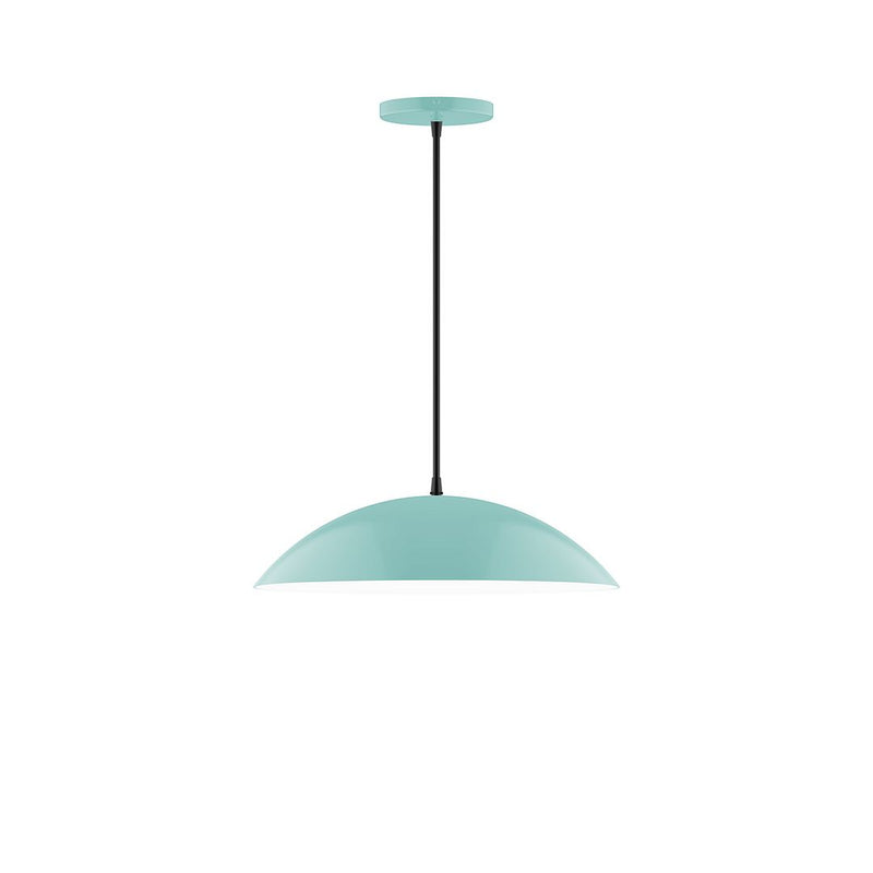 Sea green LED pendant with dome shade and round canopy, hanging on a black cord