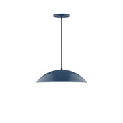 Navy metal dome pendant light with straight cord and ceiling canopy