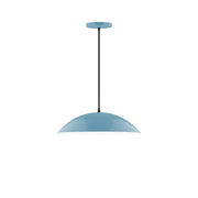 Light blue LED dome pendant light with black stem and round ceiling canopy