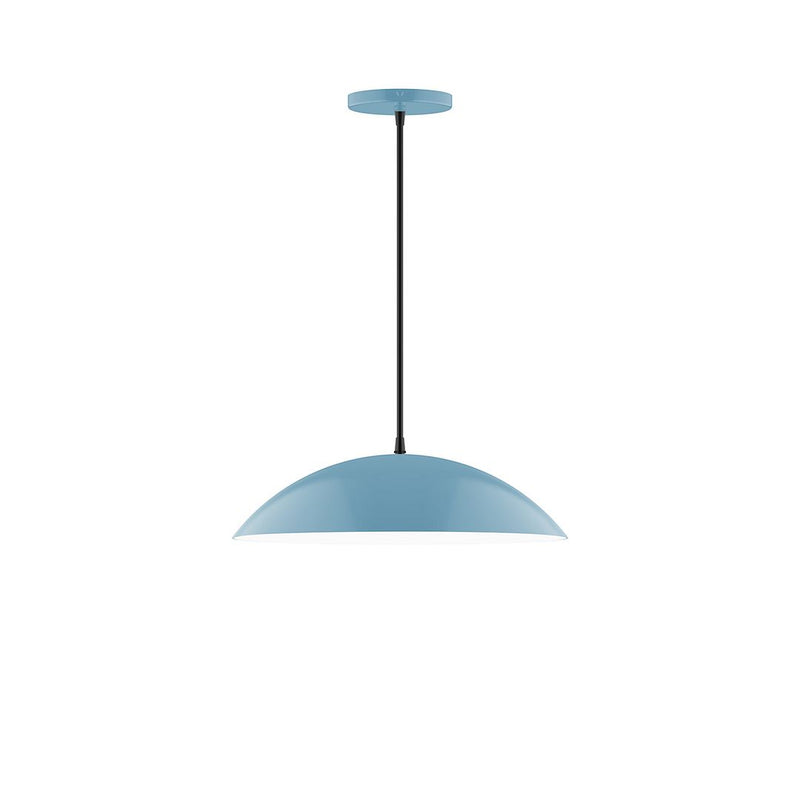 Light blue LED dome pendant light with black stem and round ceiling canopy