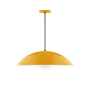 Bright yellow pendant light with glass globe shade and black cord