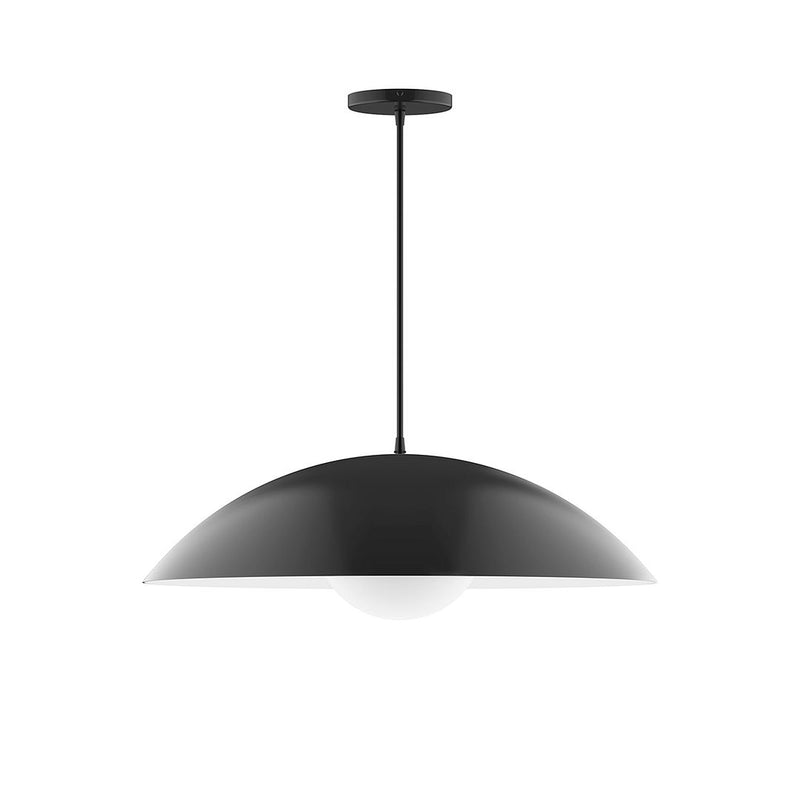 Black metal pendant with dome shade and frosted glass globe, 24 in
