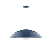 Navy pendant light with dome canopy, stem, and frosted glass globe diffuser