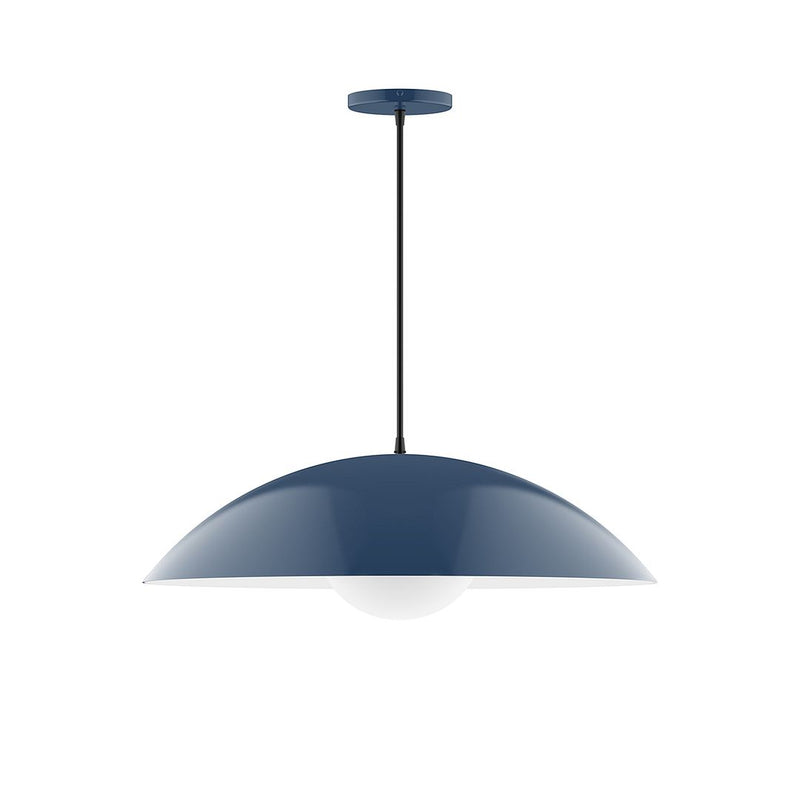 Navy pendant light with dome canopy, stem, and frosted glass globe diffuser