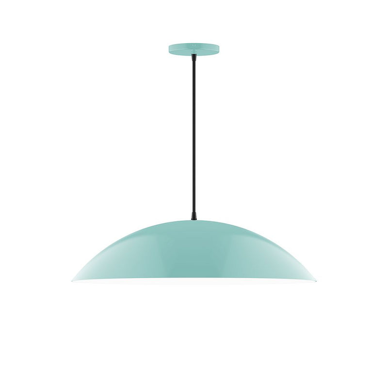 Sea green LED pendant light with dome shade and black downrod