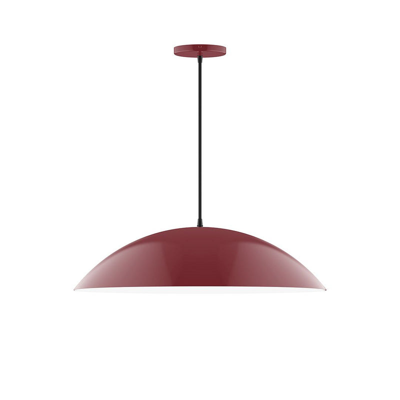 LED pendant light with barn red dome shade, black cord, and round ceiling canopy.