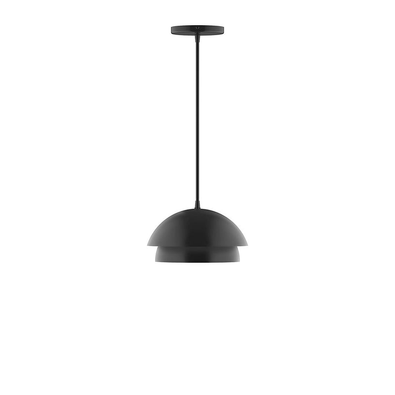Black LED pendant light with round dome shade and long hanging stem