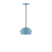 Light blue dome pendant lamp with slim black cord and ceiling cap
