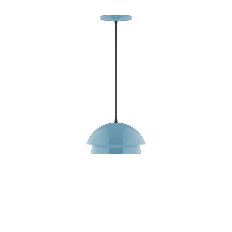 Light blue dome pendant lamp with slim black cord and ceiling cap
