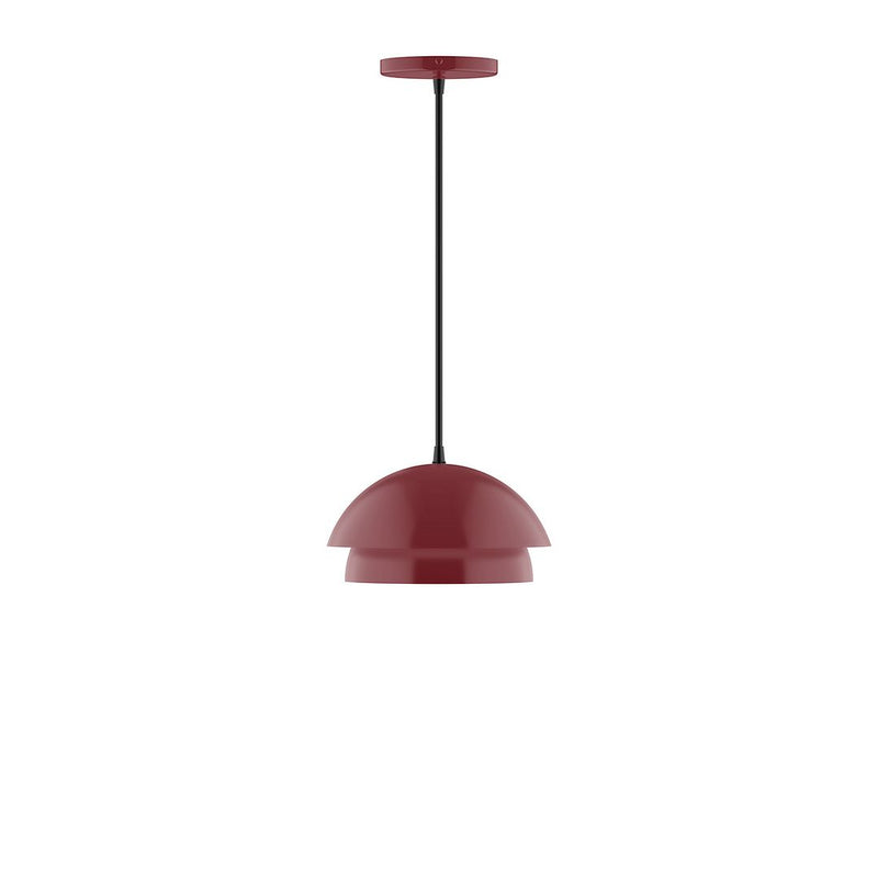 Barn red pendant light with bell-shaped shade and dark cord, round ceiling canopy