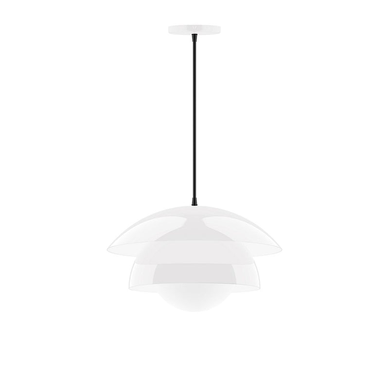 White glass globe pendant with layered shade and hanging cord