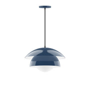 Glass globe pendant light with navy dome shade and dark cord, 16 in