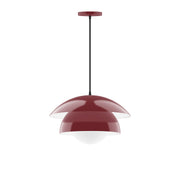 Glass globe pendant light with domed barn red shade and hanging rod