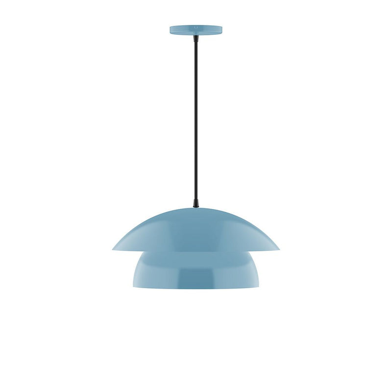 Light blue LED pendant with two-tier dome shade and black cord