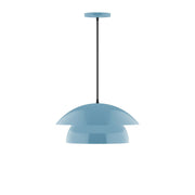 Light blue dome pendant light with black cord and ceiling mounting cap.