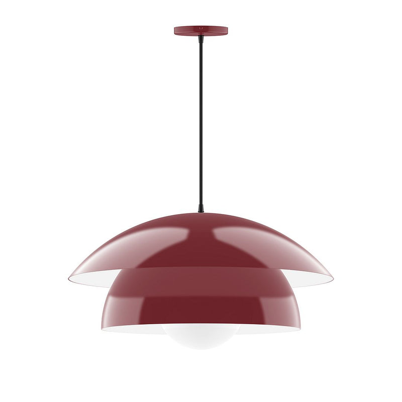 Barn red glass globe pendant with curved shade and dark hanging stem