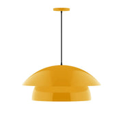 LED pendant light with bright yellow dome shade and black hanging cord