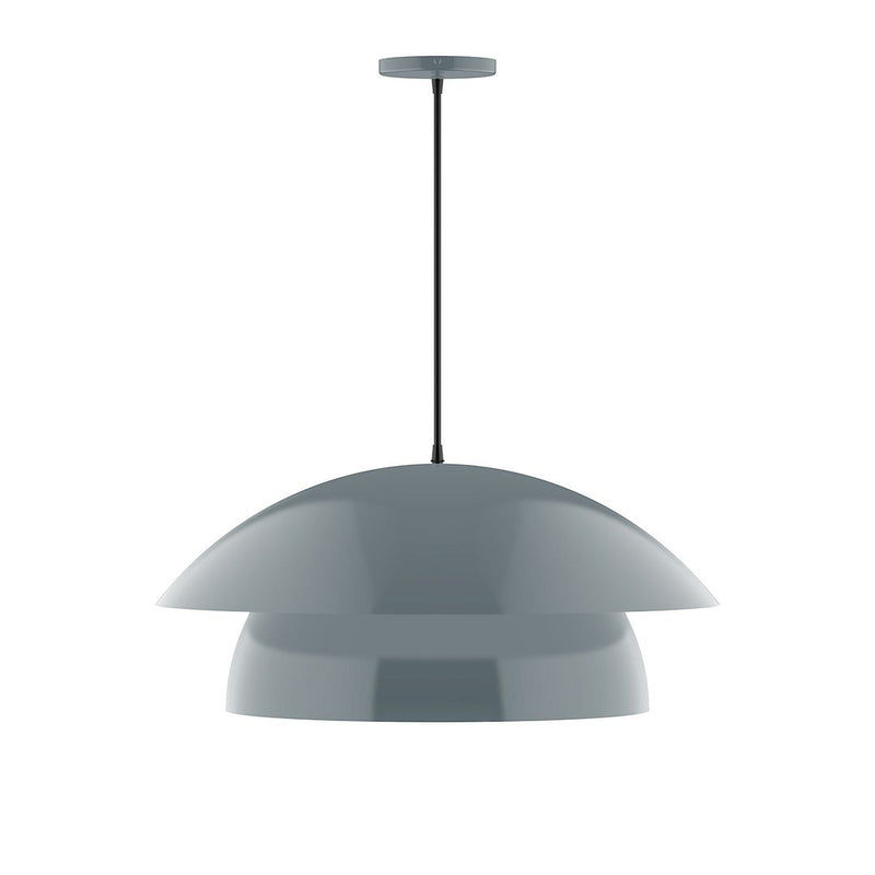 Slate gray pendant light with curved two-tier shade and hanging cord