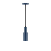 Navy LED pendant light with cylindrical shade and hanging cord