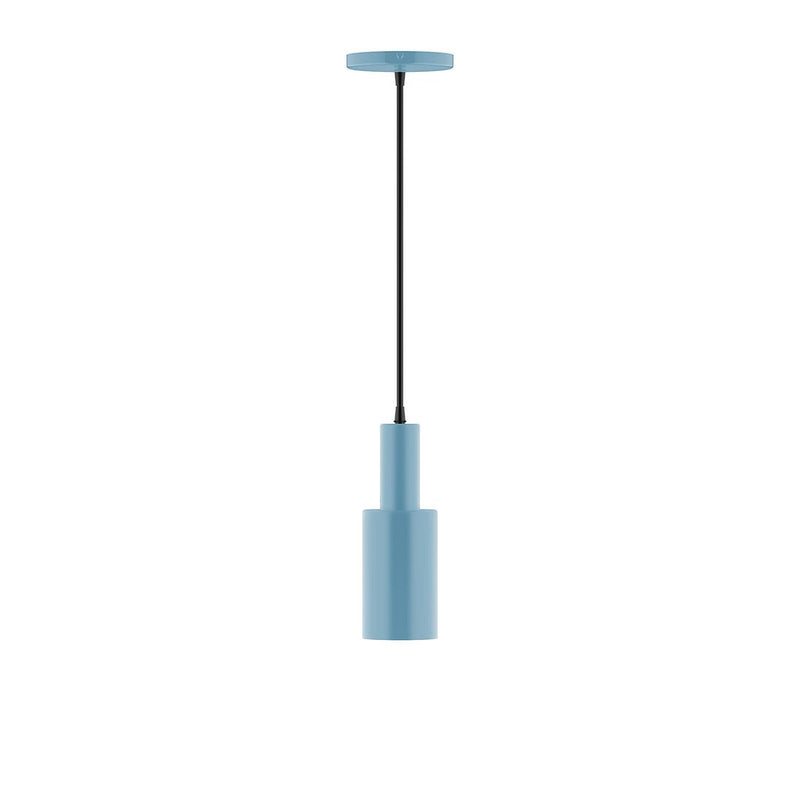 Light blue LED pendant with cylindrical shade and hanging cord