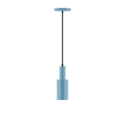 Light blue LED pendant with cylindrical shade and black cord