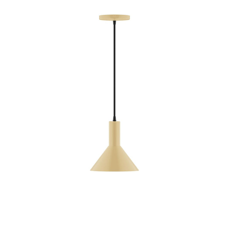 Ivory 8 in LED pendant with tapered shade and black stem, hanging ceiling light