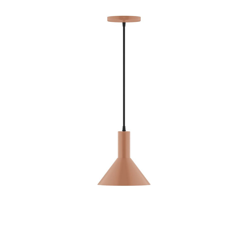 Terracotta LED pendant with bell shade and black cord, round ceiling canopy