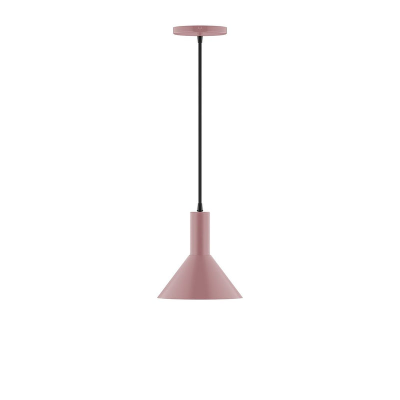 Mauve 8-inch pendant light with bell-shaped fabric shade and black cord