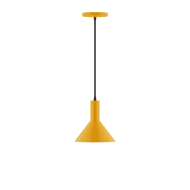 Bright yellow cone pendant light with hanging cord and ceiling canopy