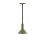 Fern green LED pendant light with conical shade and cord suspension.