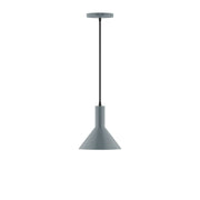 Slate gray LED pendant fixture with round ceiling canopy, tapered shade, and black cord