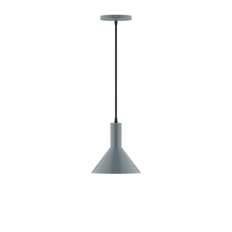 Slate gray LED pendant fixture with round ceiling canopy, tapered shade, and black cord