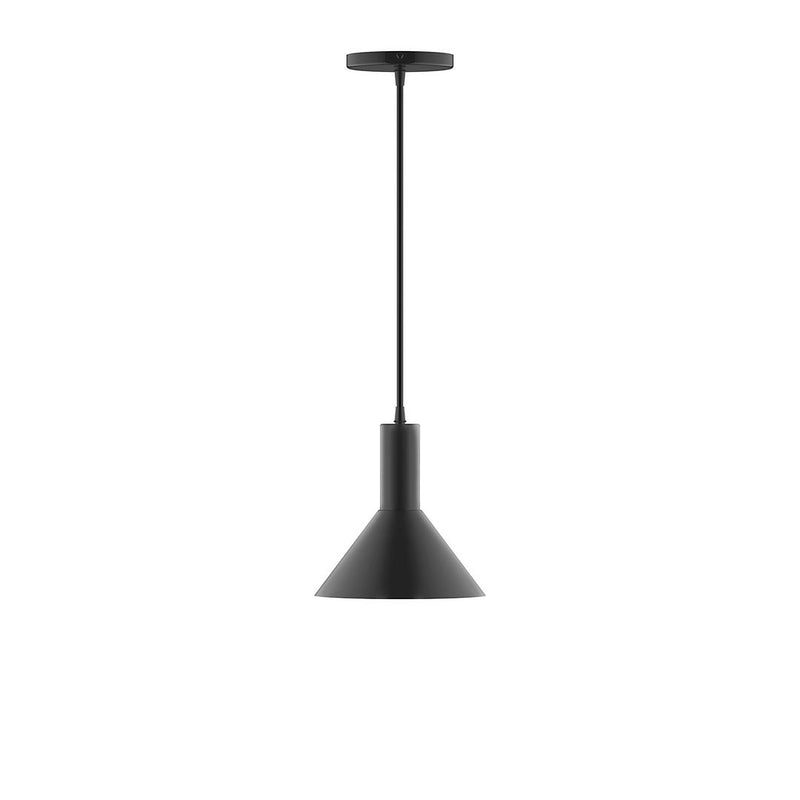 Black pendant light with tapered shade and straight hanging stem