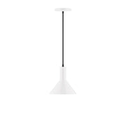 White 8-inch pendant light with tapered bell shade and black cord