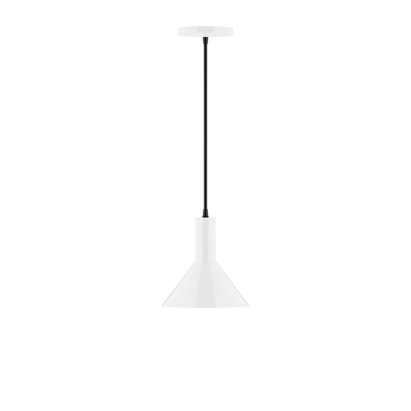 White LED pendant light with tapered bell shade and black cord