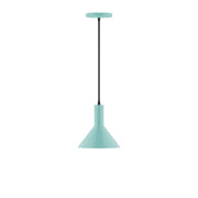 Sea green pendant lamp with bell shade, black cord, and round ceiling canopy.