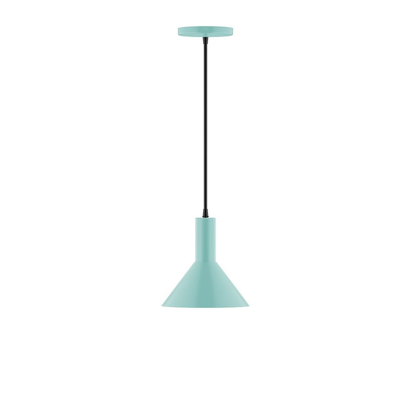 Sea green pendant light with bell shade and black cord, 8-inch size