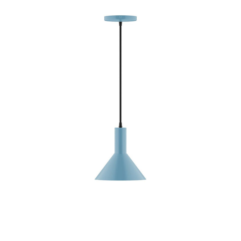 Light blue LED pendant light with tapered shade and hanging cord