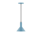 LED pendant light with light blue bell shade and black hanging cord