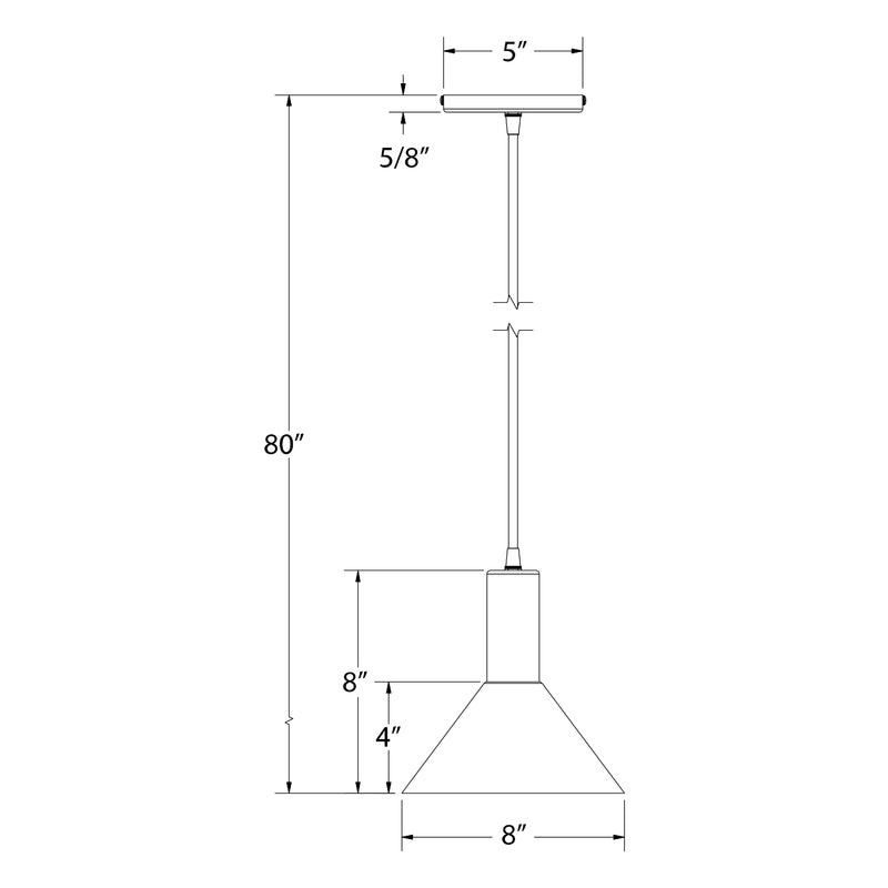 LED pendant light size diagram with 8" bell shade and hanging stem