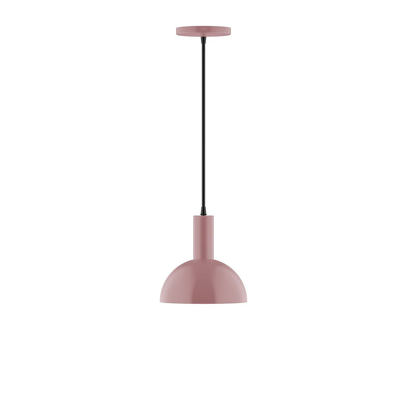 Mauve dome pendant light with black cord and mauve top cap