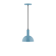 Light blue dome pendant light with black cord and ceiling canopy