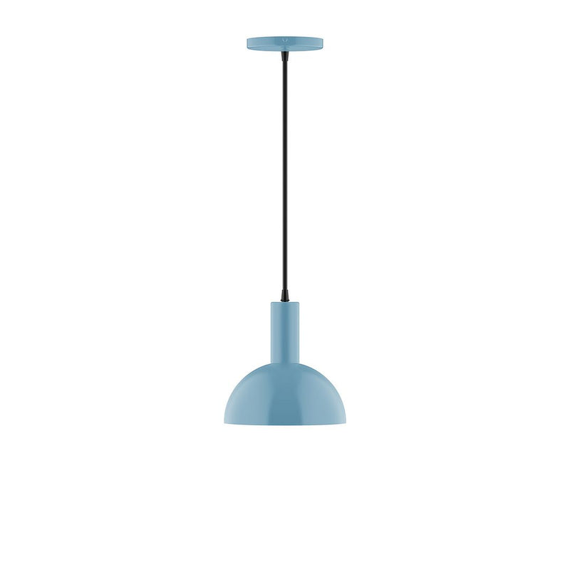Light blue dome pendant light with black cord and ceiling canopy