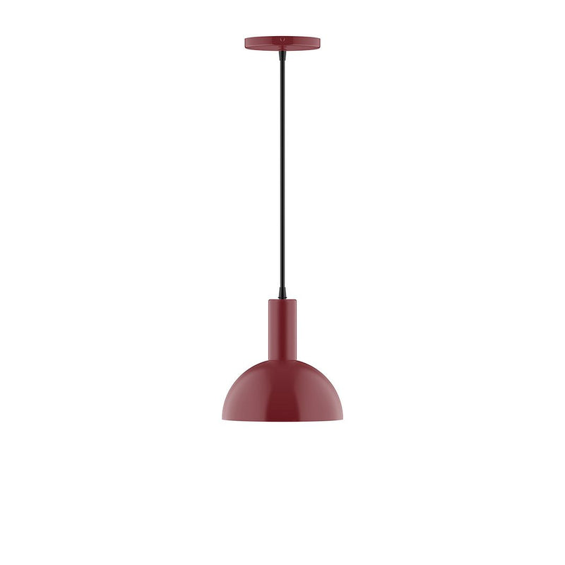 Barn red dome pendant light with black cord and round red ceiling canopy