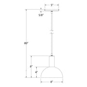 Pendant light with dome shade and hanging stem, labeled size diagram