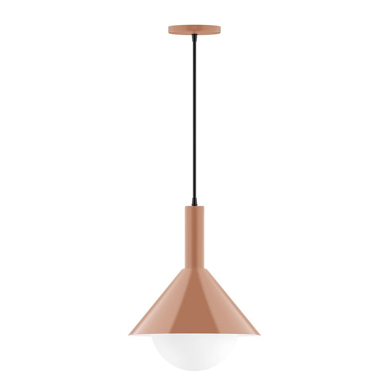 Terracotta pendant light with frosted glass globe and tapered shade, black cord