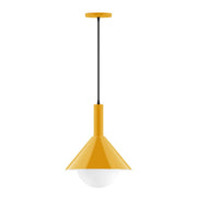 Bright yellow pendant lamp with clear glass globe and flat canopy