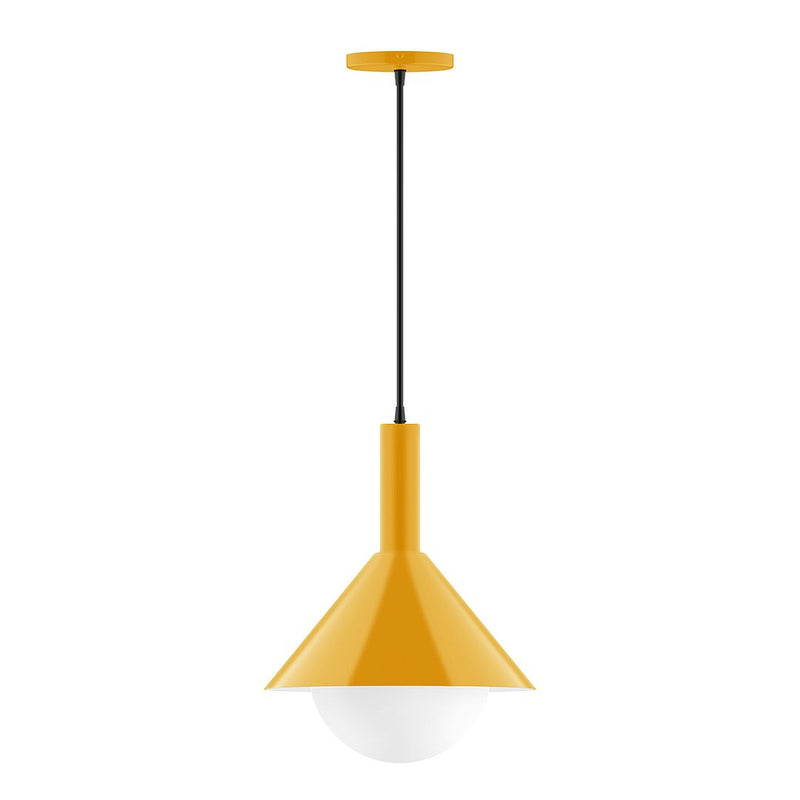 Bright yellow pendant lamp with clear glass globe and flat canopy